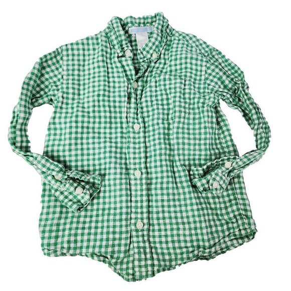Janie and Jack Button Down Long Sleeve Green Gingham 100% Linen Size 3 - Picture 1 of 5